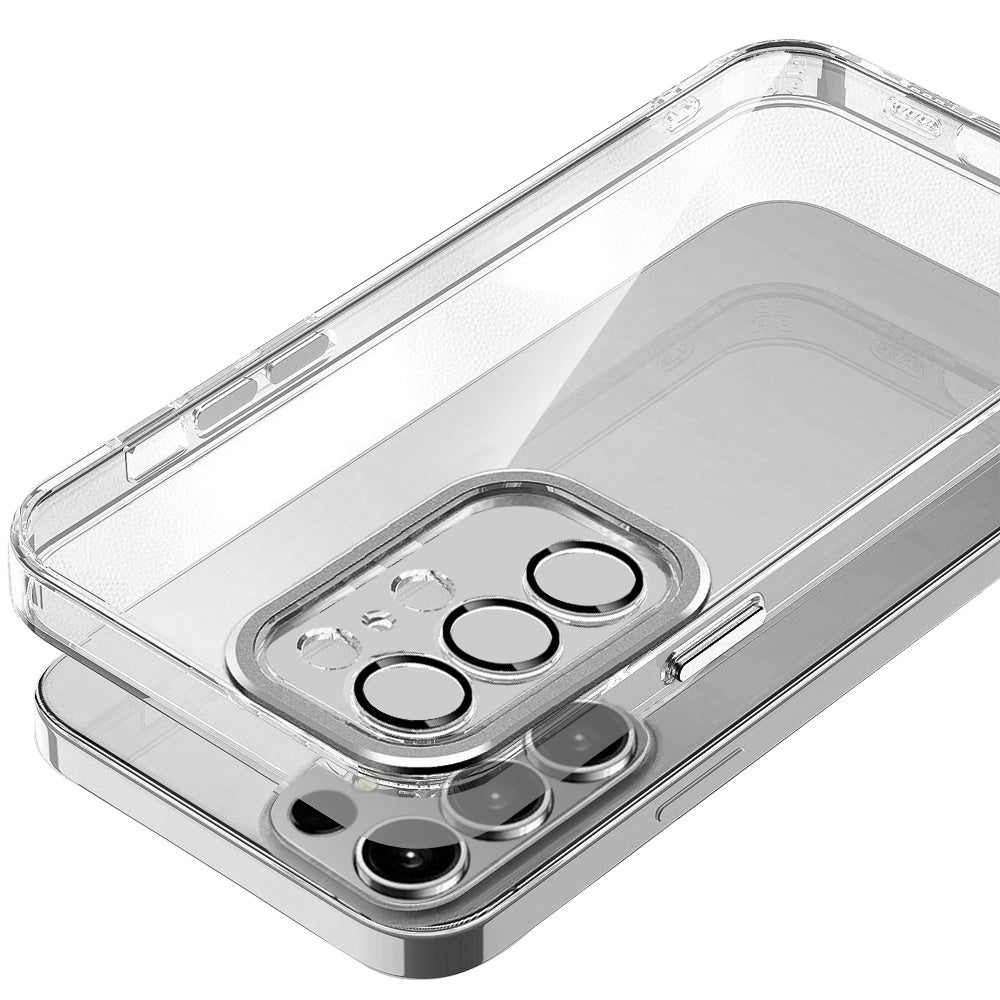 For Apple iPhone 16e Transparent Clear Hybrid with Matching Metal Buttons and Camera Protection Hard PC + TPU Rubber Case Cover Clear / Black