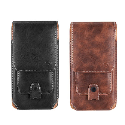 For Apple iPhone 16 Pro (6.3") Universal Vertical Leather Case Holster with Credit Card Holder, Belt Loop & Carabiner Carrying Phone Pouch [Brown]