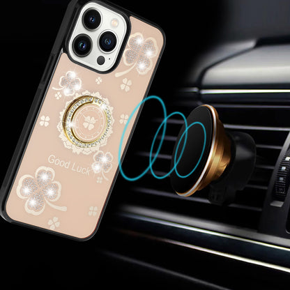 For Apple iPhone SE 4 Diamonds 3D Fashion Floral Bling Sparkly Glitter Ornaments Engraving Hybrid with Ring Stand Case Cover Gold Good Luck Floral