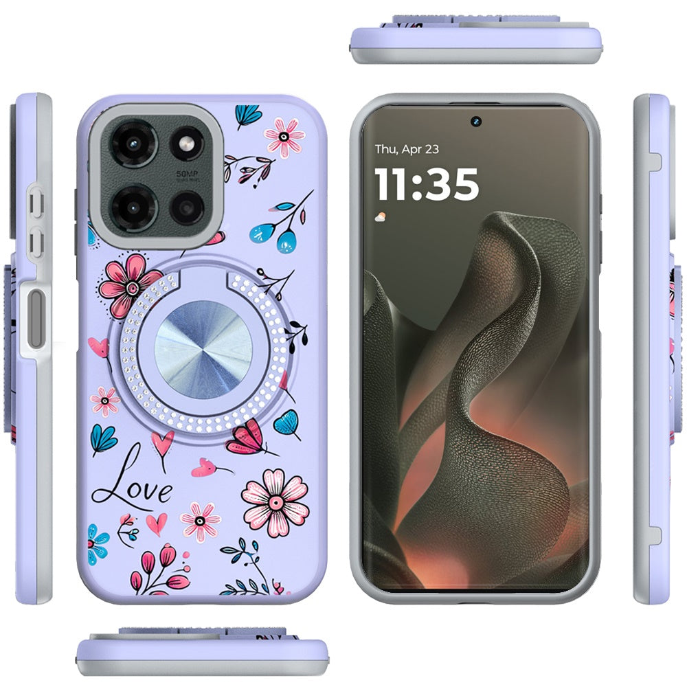 For Motorola Edge 2025 Pattern Design Hybrid with Invisible Ring Stand & Magnetic Back, Shockproof Protective Grip Case Cover