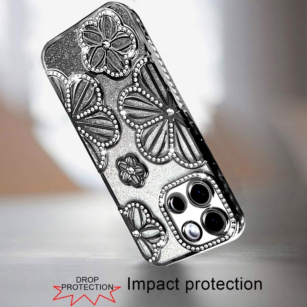 For Samsung Galaxy A17 5G Luxury Flower Design Sparkle Glitter Diamond Rhinestone Shimmer Bling Plating Thick TPU Hard PC Case Cover