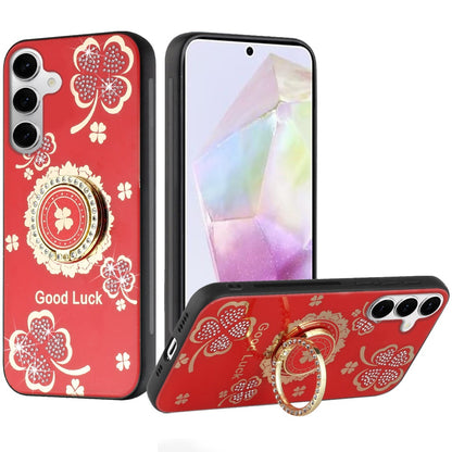 For Samsung Galaxy Z Fold 7 Diamonds 3D Fashion Floral Bling Sparkly Glitter Ornaments Engraving Hybrid with Ring Stand Case Cover Red Good Luck Floral