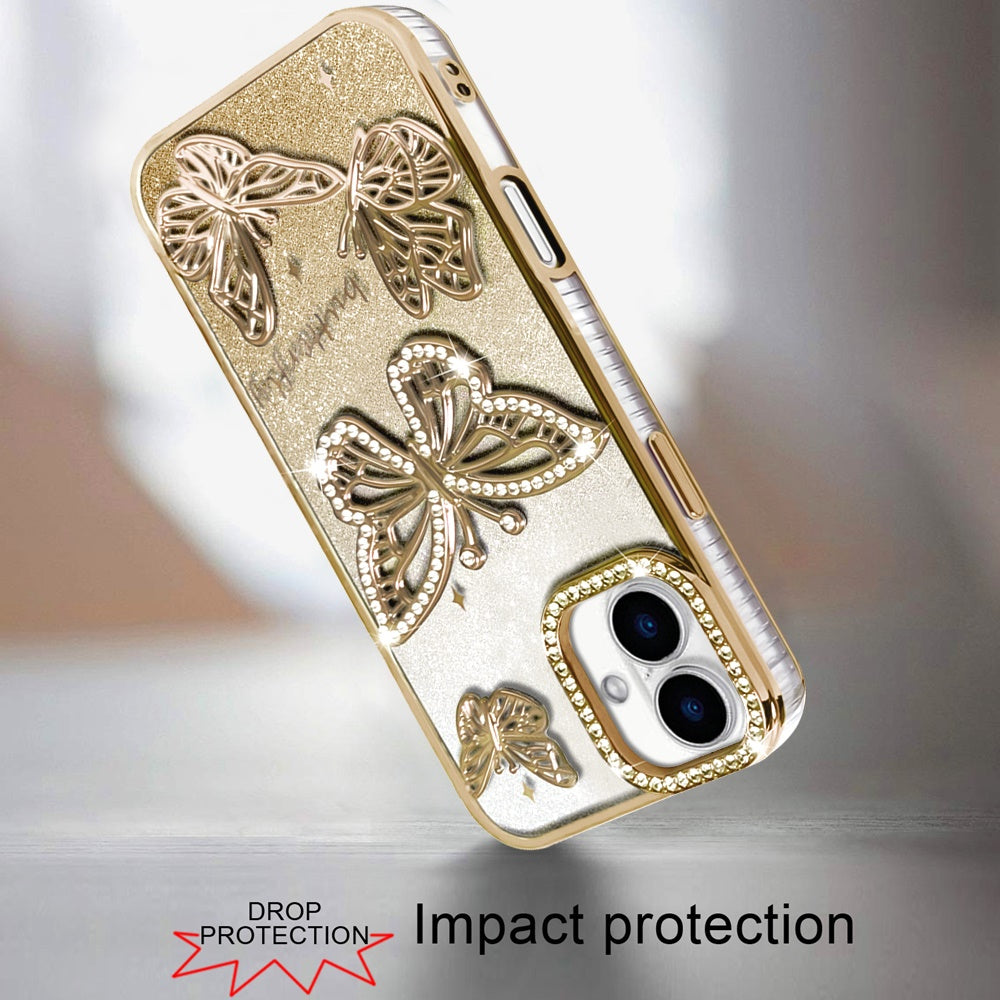 For Apple iPhone 15 Luxury Butterfly Sparkle Glitter Diamond Crystal Rhinestone Shimmer Bling Plating Thick TPU Hard PC Case Cover