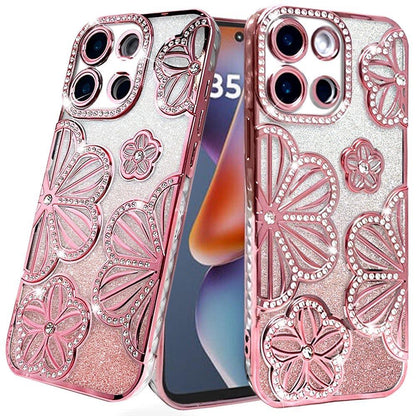 For Motorola Edge 2025 Luxury Flower Design Sparkle Glitter Diamond Rhinestone Shimmer Bling Plating Thick TPU Hard PC Case Cover