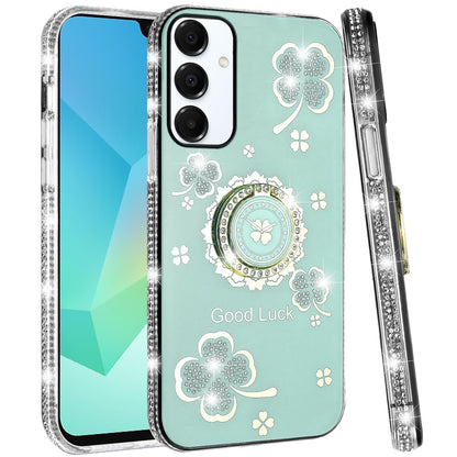 For Samsung Galaxy S25 Fan Edition /Galaxy S25 FE Diamonds Bling All Around Edges Sparkly Glitter Hybrid with Ring Stand Holder Fashion Good Luck Case Cover Teal