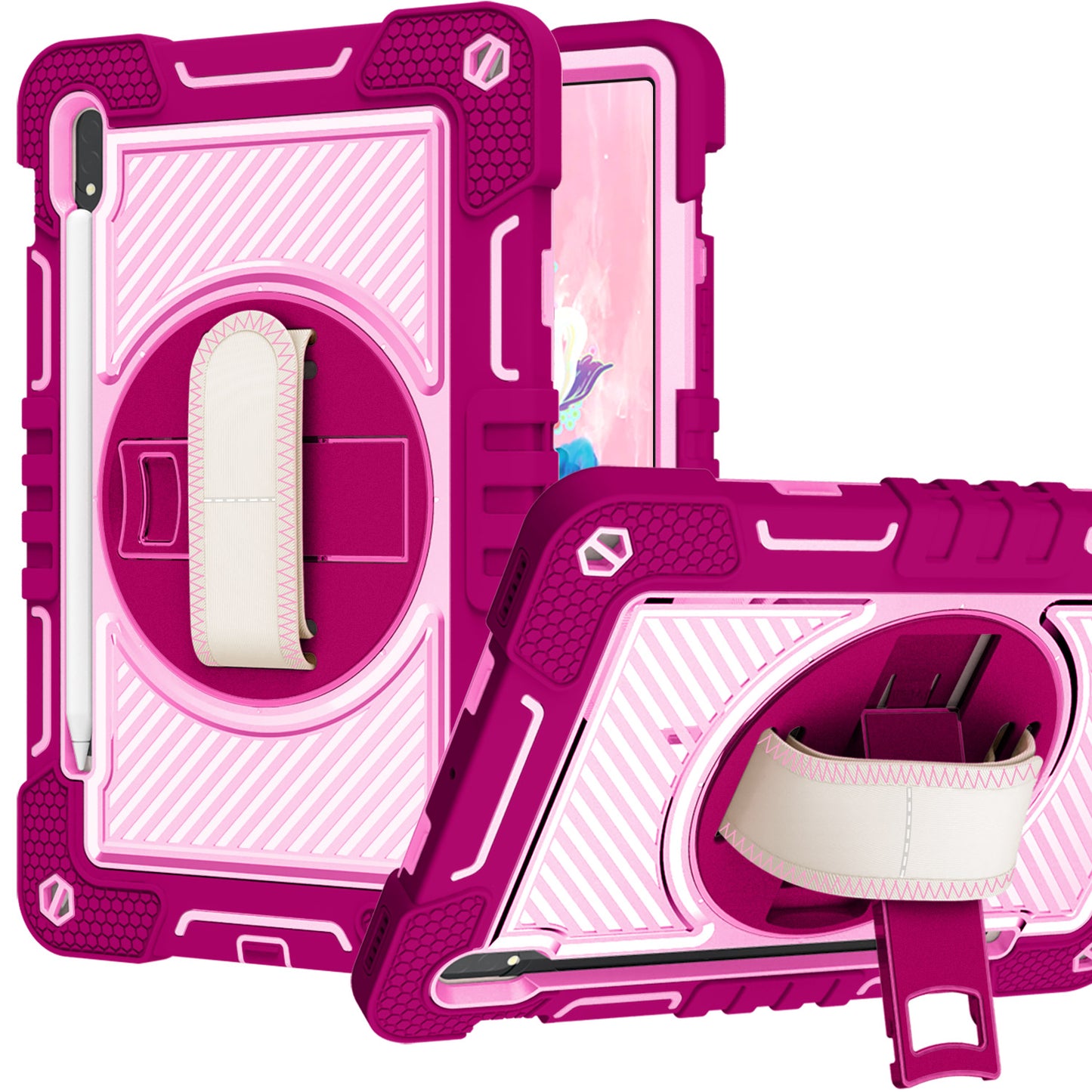 For Hybrid 3in1 Multi-Functional Shockproof Tablet Case with Hand, Shoulder Strap, Pencil & Stand Holder Rose Pink Tablet Case Cover