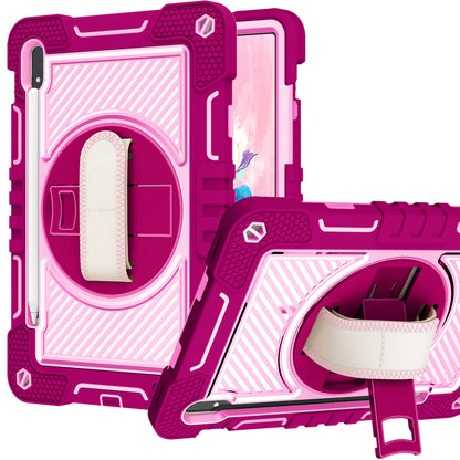For Hybrid 3in1 Multi-Functional Shockproof Tablet Case with Hand, Shoulder Strap, Pencil & Stand Holder Rose Pink Tablet Case Cover