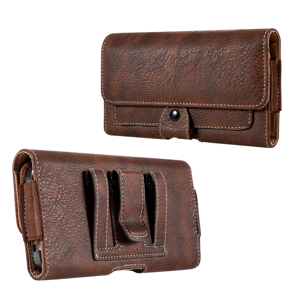 For Apple iPhone 16 Pro (6.3") Universal Pouch Case Horizontal Phone Holster Leather Cover with Pouch ID Credit Card Holder Slots and Belt Clip Loop, XL [Brown]