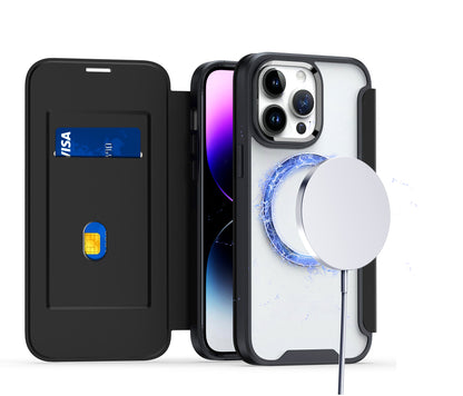 For Apple iPhone 16 Pro (6.3") Flap Wallet Case Credit Card Slot, Clear TPU Back Hard [Magnetic Circle] Compatible with Magsafe Case Cover Black
