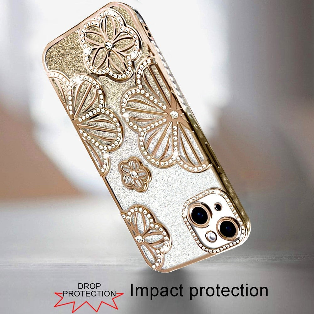 For Apple iPhone 15 /6.1" Luxury Floral Design Sparkle Glitter Diamond Crystal Rhinestone Shimmer Bling Plating Thick TPU Hard PC Case Cover