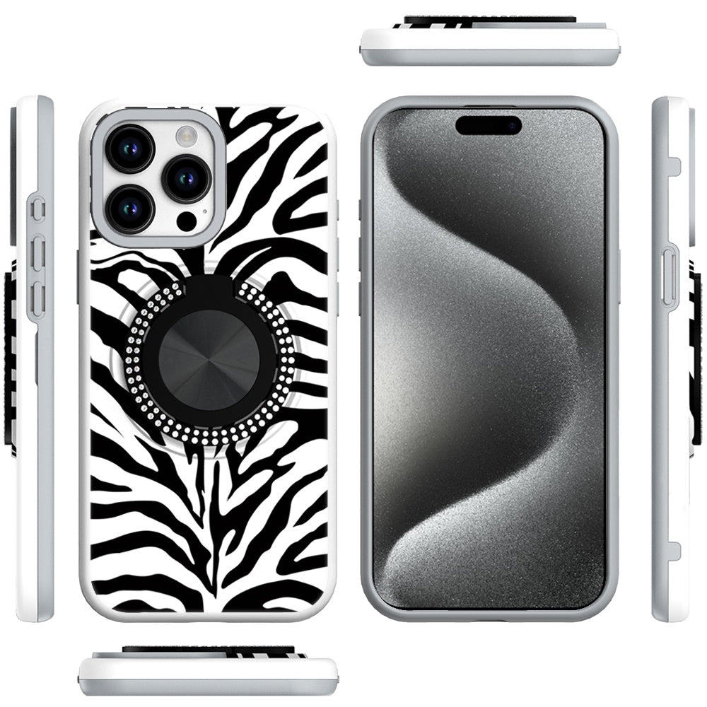 For Apple iPhone 15 Pro Max Pattern Design Hybrid with Invisible Ring Stand & Magnetic Back, Shockproof Protective Grip Case Cover