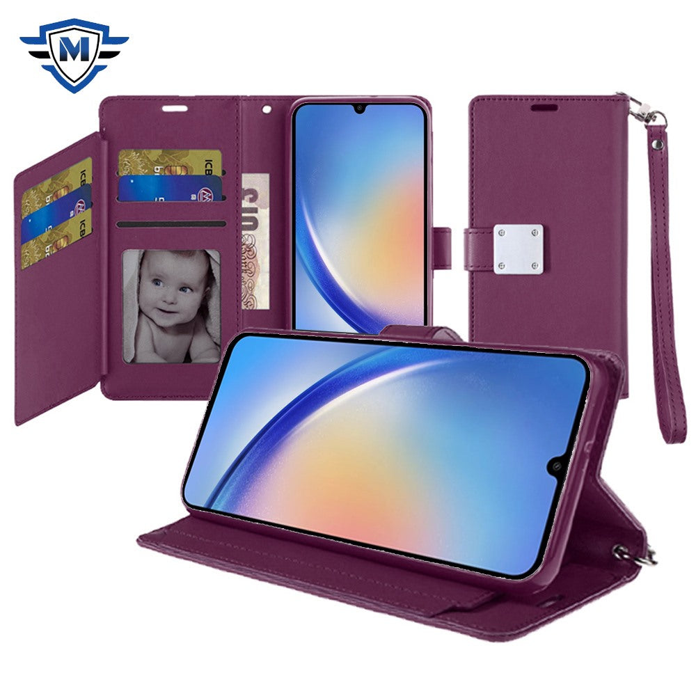 For Apple iPhone 16 Pro (6.3") Premium Leather Wallet with Credit Card ID Slots Cash Holder Duo Flip Pouch Stand and Strap Case Cover
