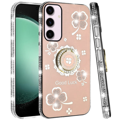 For Samsung Galaxy S23+ Plus Diamonds Bling All Around Edges Sparkly Glitter Hybrid Ring Stand Holder Fashion Good Luck Case Cover