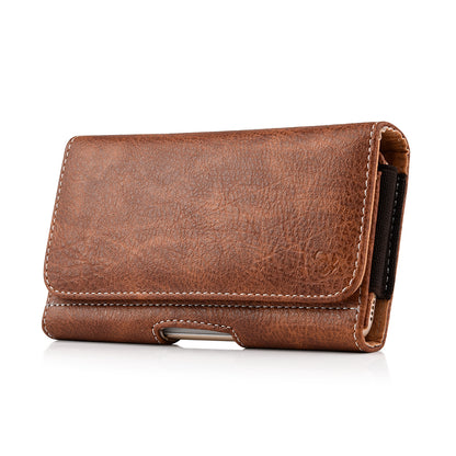 For Apple iPhone 16 (6.1") Universal Horizontal Cell Phone Leather Pouch Holster Carrying Case with Credit Card Slots & Belt Clip Loop Cover [Brown]