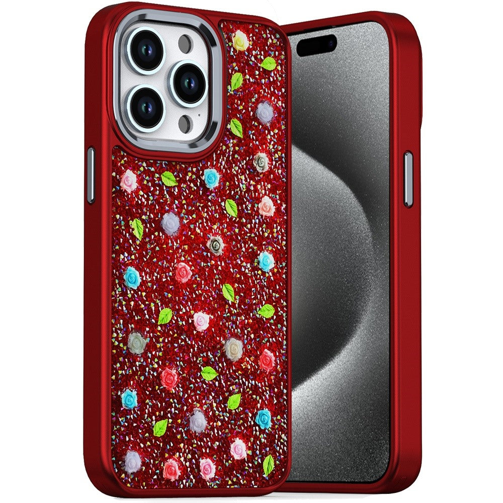 For Apple iPhone 15 Floral Design Embedded Glass Diamond Fancy Fashion Glitter Bling Sparkly Hybrid Rugged TPU Bumper Case Cover Red