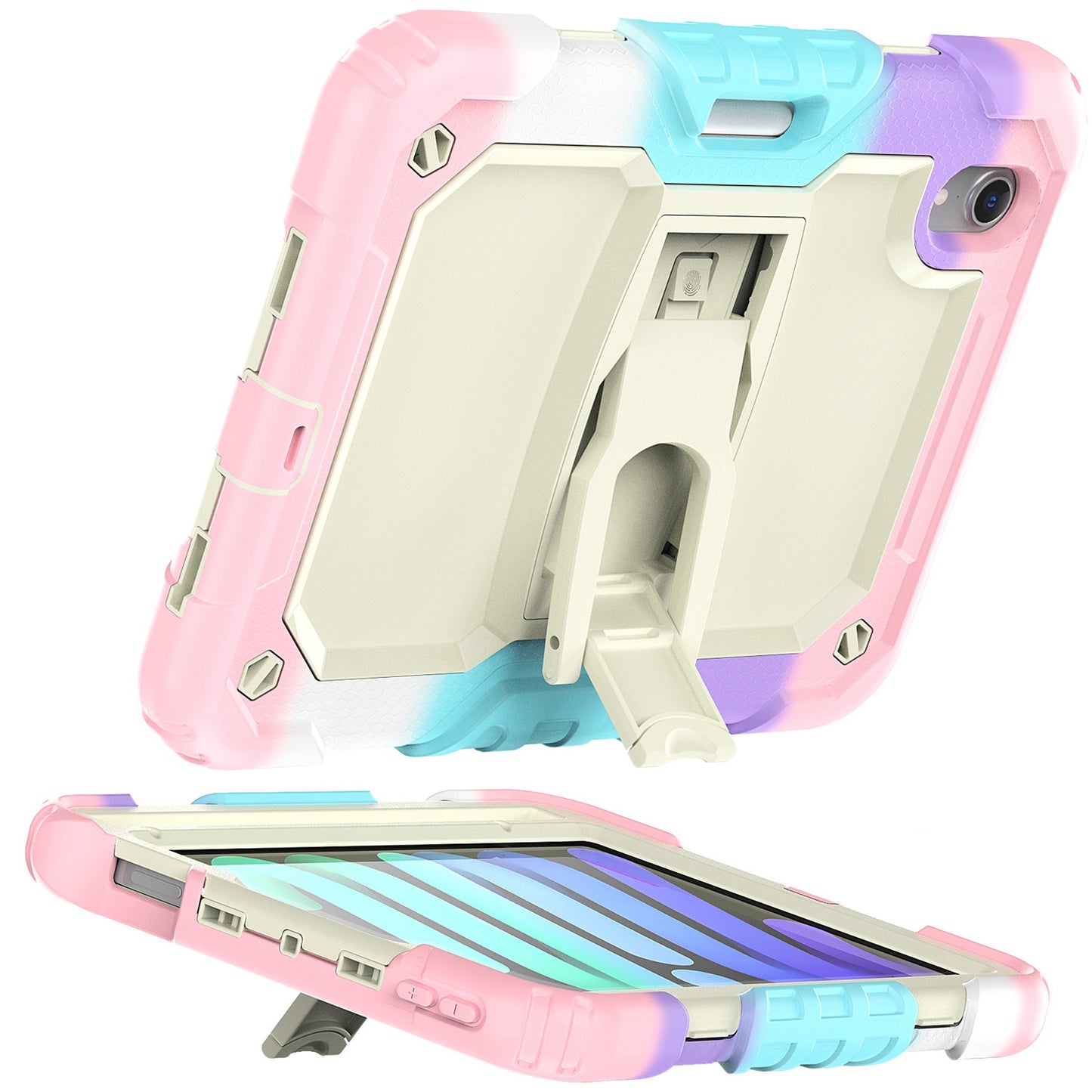 For Heavy Duty Hybrid Full Body 2in1 Rugged Shockproof Drop Protective Tablet with Slide Kickstand Beige / Camo Pink Tablet Case Cover