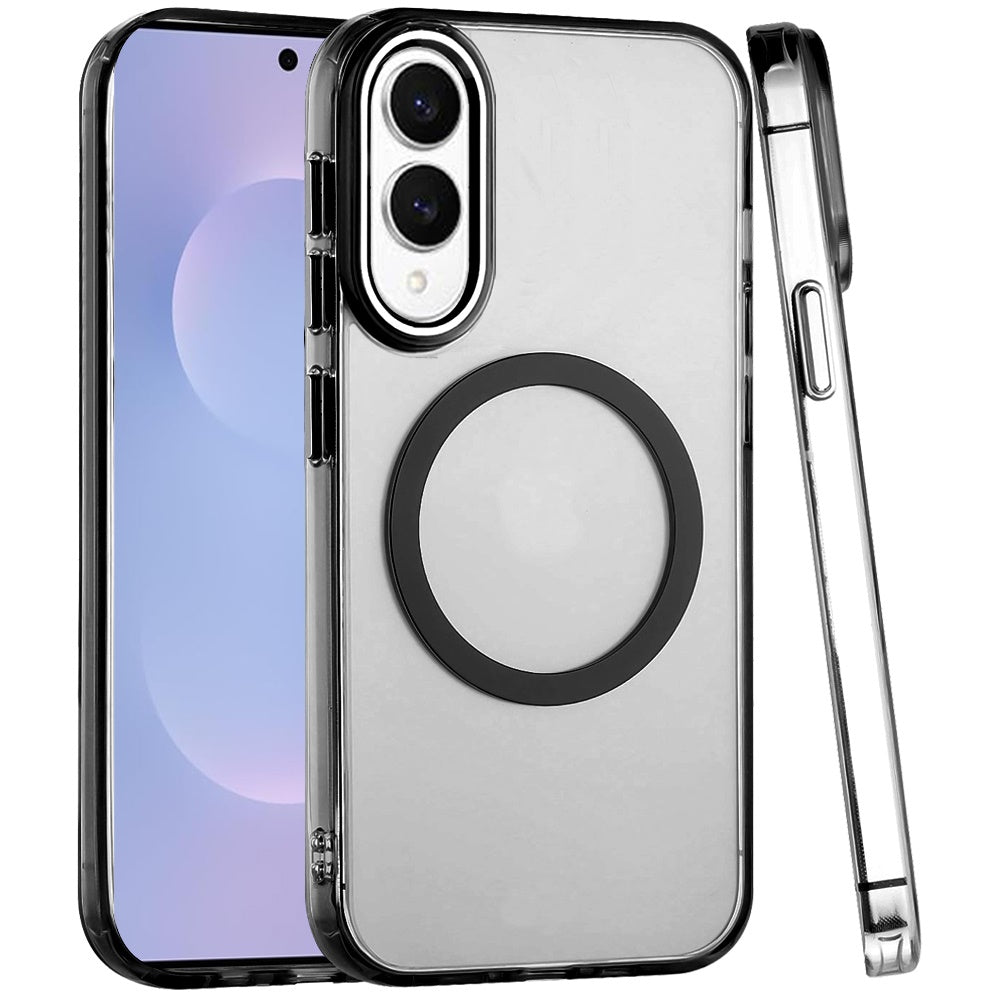 For Samsung Galaxy S25 EDGE Transparent Back Hybrid Case - Magnetic Circle, Color Frame, Metal Buttons, MagSafe Compatible Case Cover