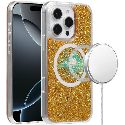 For Apple iPhone 16 Pro Max (6.9") Transparent Epoxy Glitter Magnetic Circle Compatible with MagSafe Hybrid Bling Sparkle Hard PC Slim TPU Case Cover