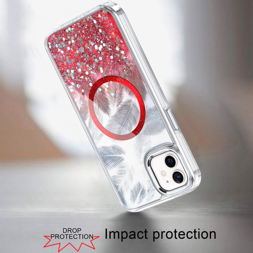 For Apple iPhone 15 Pro Max Epoxy Glitter Shimmer Fashion Case with Magnetic Magsafe Compatible Hybrid Sparkling Slim Protective Case Cover Red