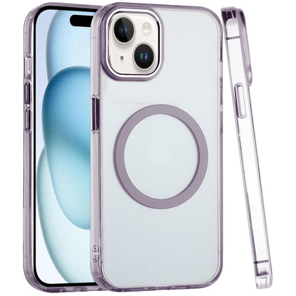 For Apple iPhone 14 Plus Transparent Back Hybrid Case - Magnetic Circle, Color Frame, Metal Buttons, MagSafe Compatible Case Cover