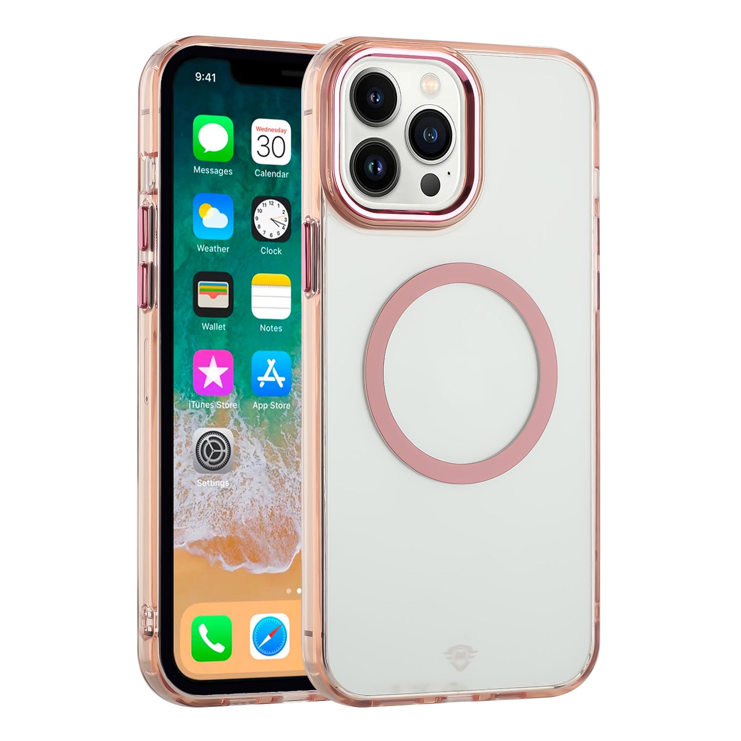For Apple iPhone 15 Plus Transparent Back Hybrid Case - Magnetic Circle, Color Frame, Metal Buttons, MagSafe Compatible Case Cover Rose Gold