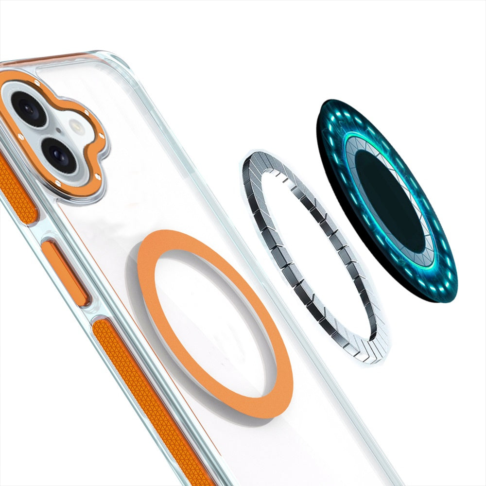 For Apple iPhone 16 Plus (6.7") Transparent back with Colorful Frame Strong Magnetic Circle [Compatible with Magsafe] Shockproof Case Cover Clear Orange