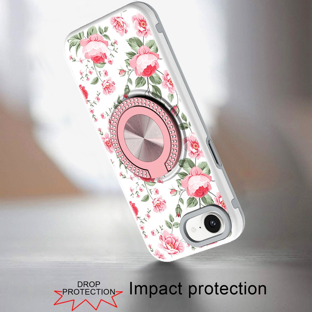 For Apple iPhone 16e Pattern Design Hybrid with Invisible Ring Stand & Magnetic Back, Shockproof Protective Grip Case Cover Red Flowers