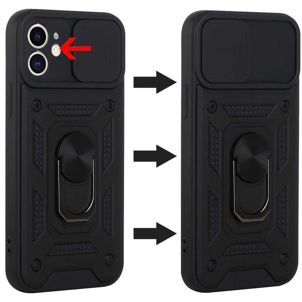 For Apple iPhone 16e Hybrid Case with Slide Camera Lens Cover, Ring Kickstand, Heavy-Duty Dual Layer TPU, Fit Magnet Car Mount Case Cover