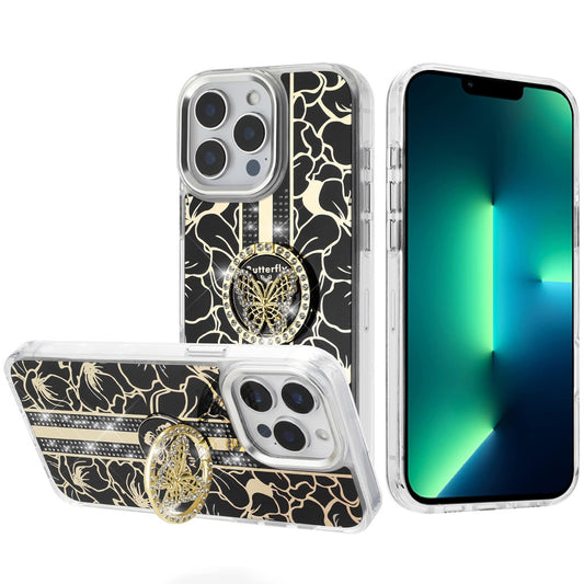 For Apple iPhone 15 Pro Max Diamonds 3D Butterfly Floral Design Bling Sparkly Glitter Hybrid Metal Fashion with Ring Stand Case Cover