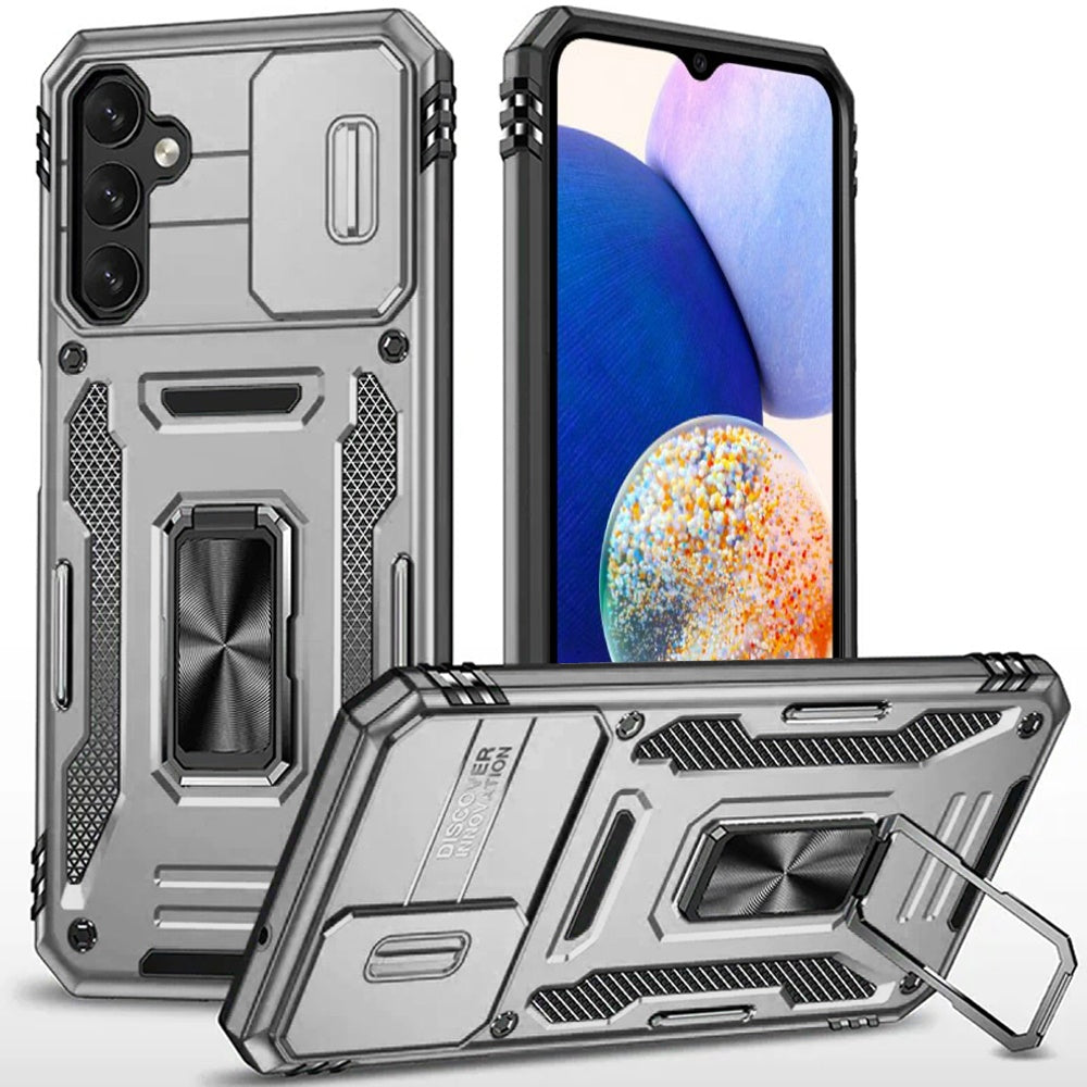 For Apple iPhone 16e Tough Hybrid Case with Movable Camera Window & Metal Ring Stand Shockproof Case Cover Gray