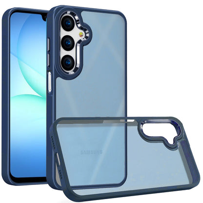 For Samsung Galaxy A17 5G Slim Fit Hybrid Transparent Thick Acrylic with Metal Buttons Frame Protective Hard PC + TPU Shockproof Case Cover Blue
