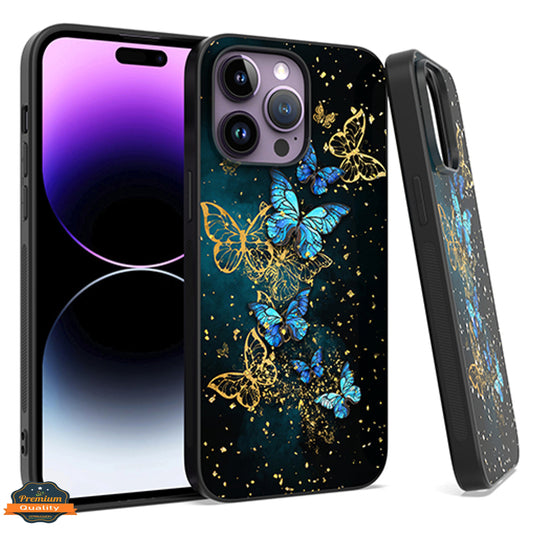 For Apple iPhone 15 Pro (6.1") Marble Fashion Stylish Flake Glitter Bling Hybrid Glossy TPU Rubber Hard PC Protection Butterfly Phone Case Cover