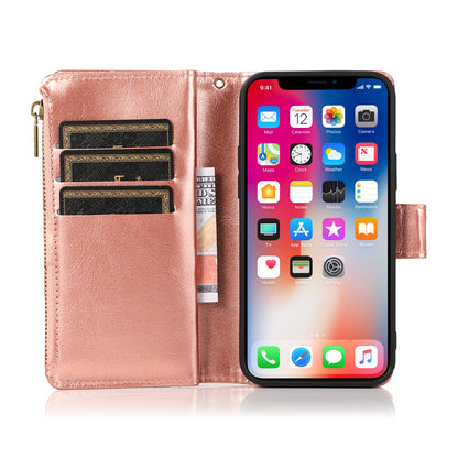 For Apple iPhone 16e Leather Wallet Case with Zipper, 9 Card Slots, Cash Pocket, Stand & Strap, Clutch Pouch Design Case Cover Rose Gold