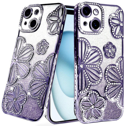 For Apple iPhone 15 /6.1" Luxury Floral Design Sparkle Glitter Diamond Crystal Rhinestone Shimmer Bling Plating Thick TPU Hard PC Case Cover