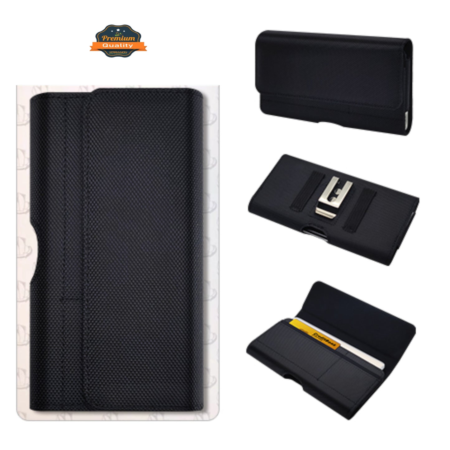 For Apple iPhone 16 (6.1") Universal Nylon Canvas Horizontal Pouch Holster with Wallet Credit Card Slots & Belt Loop Clip Carrying Phone (6.1") [Black]