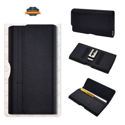For Apple iPhone 16 (6.1") Universal Nylon Canvas Horizontal Pouch Holster with Wallet Credit Card Slots & Belt Loop Clip Carrying Phone (6.1") [Black]