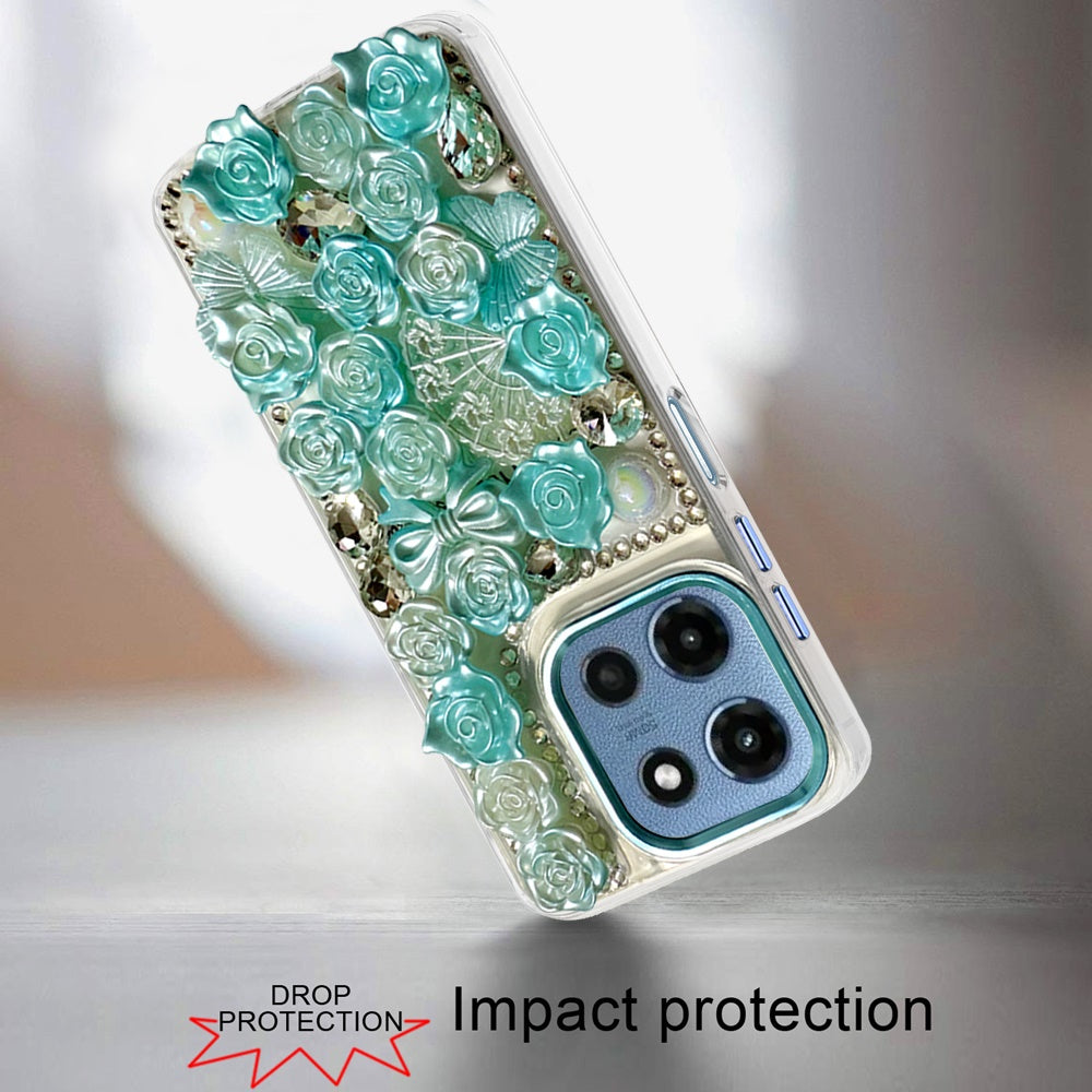 For Samsung Galaxy A17 5G 3D Diamond Floral Roses Flower Bling Stone Hybrid, Sparkly Rhinestone Gemstone Back Shockproof Case Cover