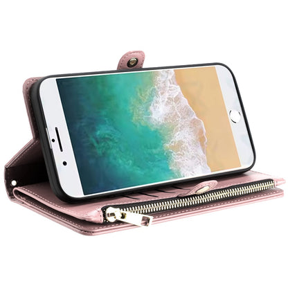 For Apple iPhone SE 4 Wallet Purse Stylish Design with Credit Card & ID Slots, Durable Zipper Storage, Adjustable Lanyard Case Cover Rose Gold