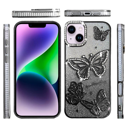 For Apple iPhone 15 Luxury Butterfly Sparkle Glitter Diamond Crystal Rhinestone Shimmer Bling Plating Thick TPU Hard PC Case Cover