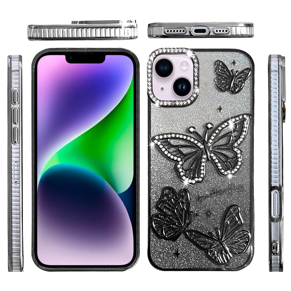 For Apple iPhone 16e Luxury Butterfly Sparkle Glitter Diamond Crystal Rhinestone Shimmer Bling Plating Thick TPU Hard PC Case Cover