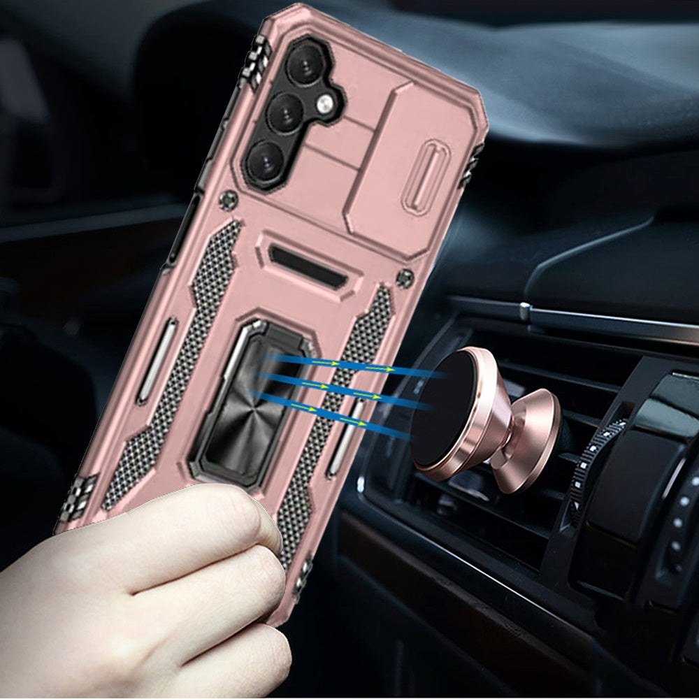 For Apple iPhone 16e Tough Hybrid Case with Movable Camera Window & Metal Ring Stand Shockproof Case Cover Rose gold