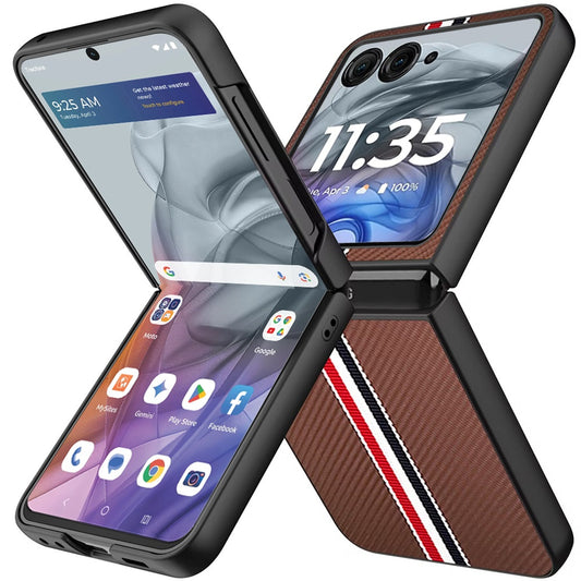For Motorola Razr 2025 Velvet Fabric PU Vegan Leather, Premium Flip Design, Slim Snap-On Hard PC + TPU Case Cover Brown