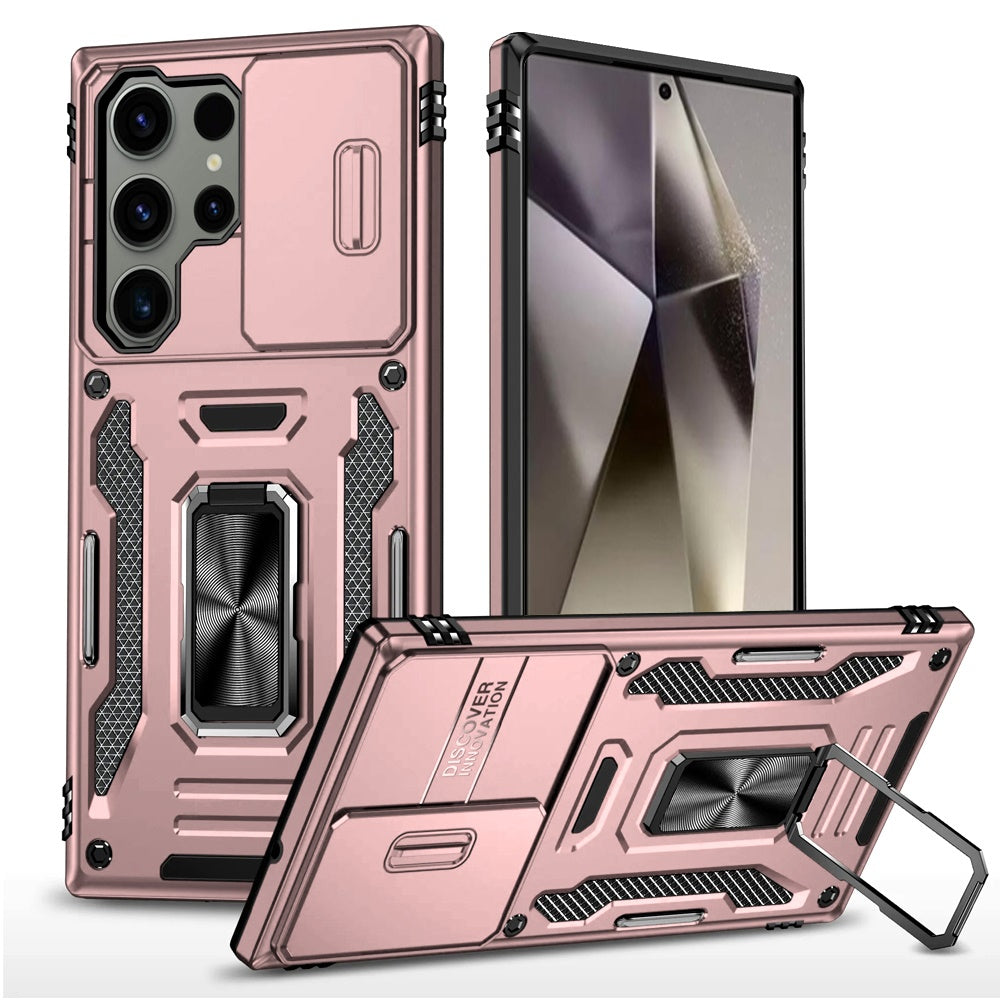 For Apple iPhone 16e Tough Hybrid Case with Movable Camera Window & Metal Ring Stand Shockproof Case Cover Rose gold