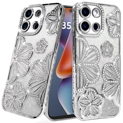 For Samsung Galaxy A26 Luxury Flower Design Sparkle Glitter Diamond Rhinestone Shimmer Bling Plating Thick TPU Hard PC Case Cover