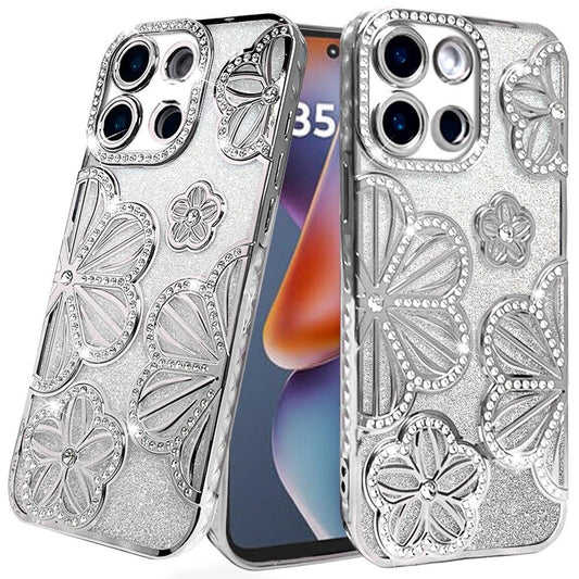 For Samsung Galaxy A26 Luxury Flower Design Sparkle Glitter Diamond Rhinestone Shimmer Bling Plating Thick TPU Hard PC Case Cover