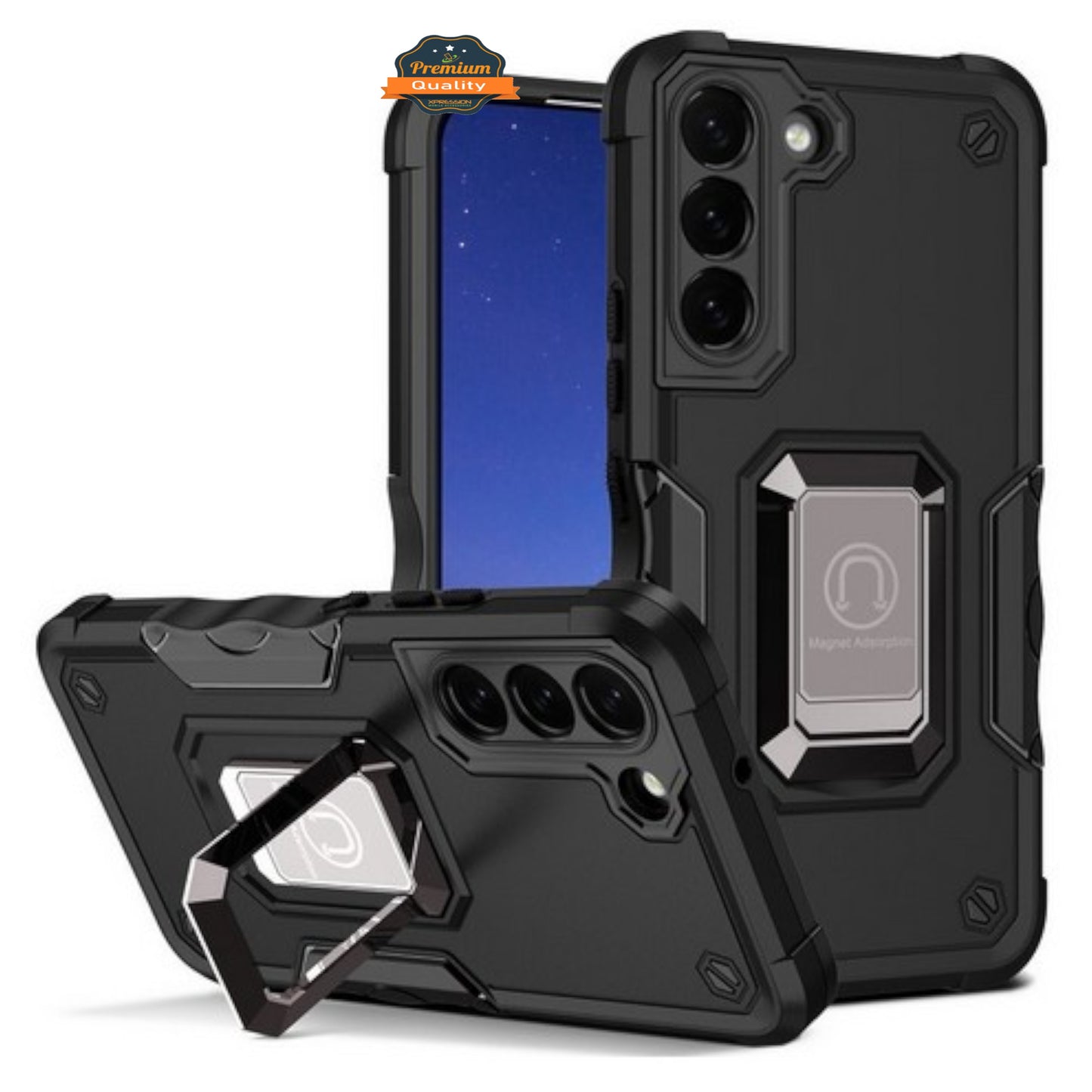 For Gabb Phone 4 Pro Heavy Duty Hybrid 2in1 Hard PC & TPU Rugged Bumper Shockproof with Magnetic Ring Kickstand Case Cover Black