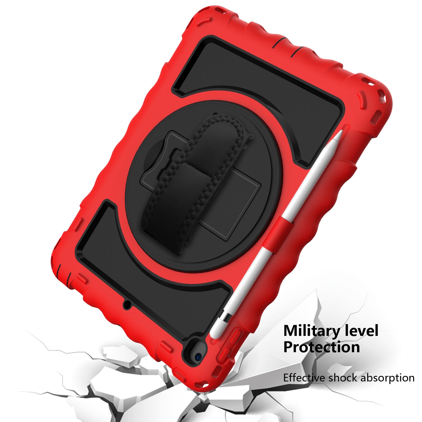 For Hybrid 3in1 Armor Rugged with Built-in Kickstand 360° Rotatable Stand & Shoulder Hand Strap Corner Shockproof Red Tablet Case Cover
