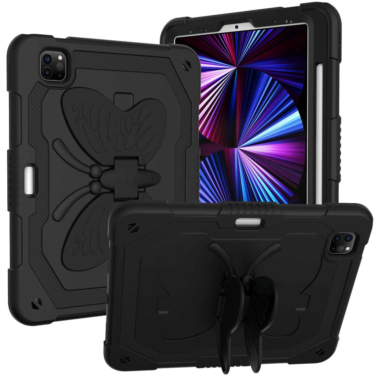 For Butterfly Wings Kickstand 3in1 Tough Hybrid with Pencil Holder Heavy Duty Rugged Shockproof Full Protective Black Tablet Case Cover