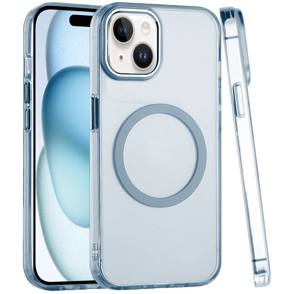 For Apple iPhone 14 Plus Transparent Back Hybrid Case - Magnetic Circle, Color Frame, Metal Buttons, MagSafe Compatible Case Cover
