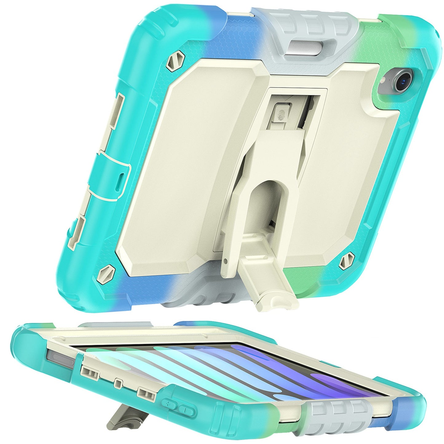 For Heavy Duty Hybrid Full Body 2in1 Rugged Shockproof Drop Protective Tablet with Slide Kickstand Beige / Camo Mint Tablet Case Cover